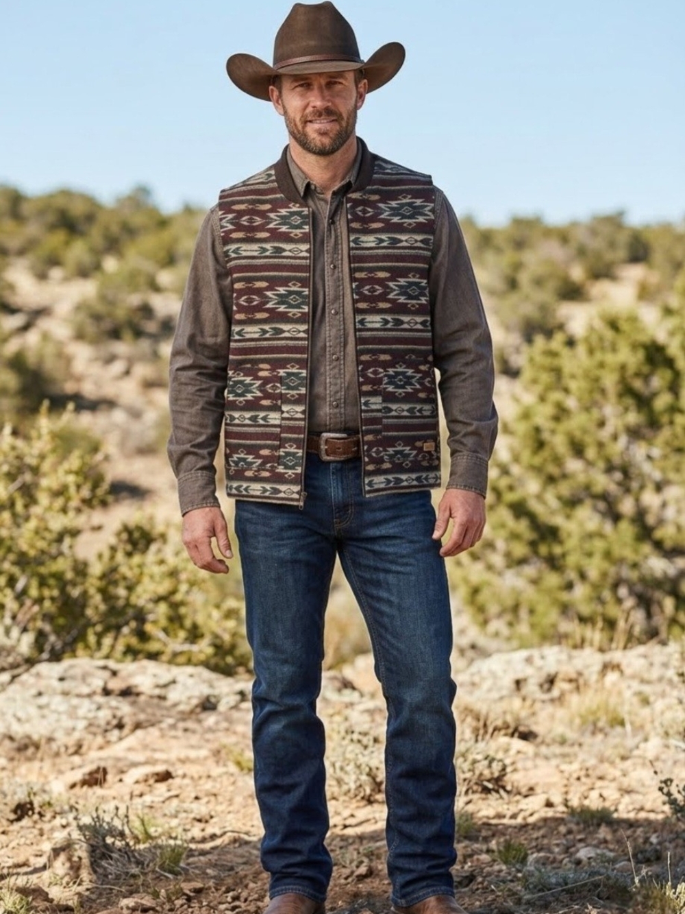 Men's Southwestern Quilted Vest - Brown Aztec Print